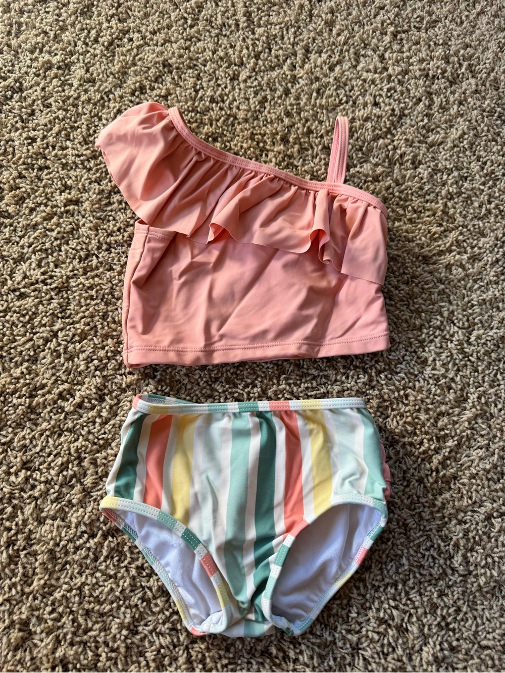 Ruffle Butts Peach Ruffle One-Shoulder Top with Multicolor Stripe Bottoms